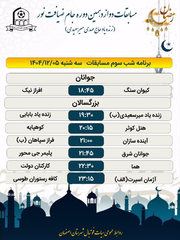 برنامه  شب سوم ۱۴۰۴/۱۲/۰۵  جام ضیافت نور